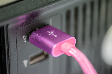 Pink USB head connected with PC desktopの写真素材