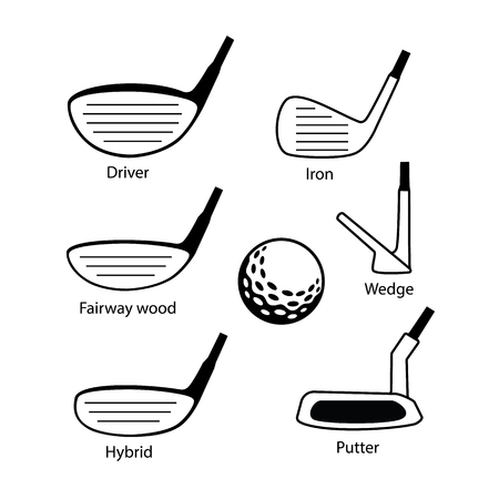 Set of golf club icons graphic design including driver, fairway wood, hybrid, iron, wedge, putter and golf ball.のイラスト素材