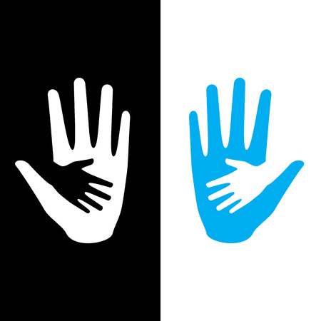 Hand holding small hand for help and hope icon logo vector graphic design. For children saving from hunger, torture, abandon.のイラスト素材