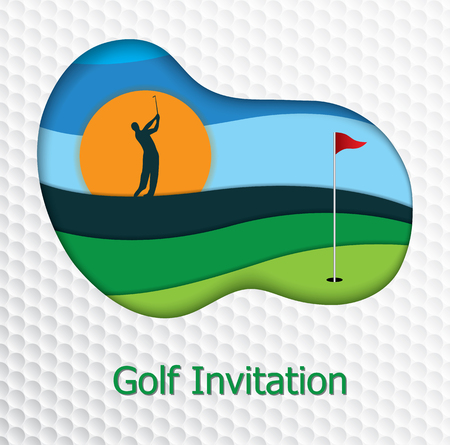 Golf tournament invitation flyer template graphic design. Golfer swinging on fairway and hole on the green. Golf ball pattern texture in background.のイラスト素材