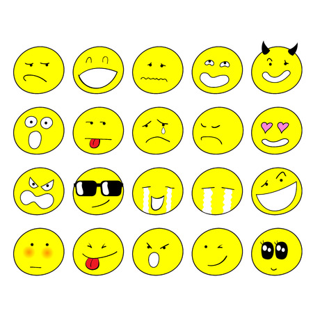 Set of 20 emoticons. Set of hand free drawing style emoji.のイラスト素材