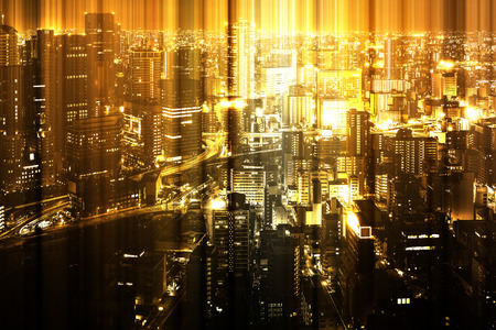 Gold light vertical burst explosion shining down to the city representing civilization concept, god bless to human concept.の写真素材