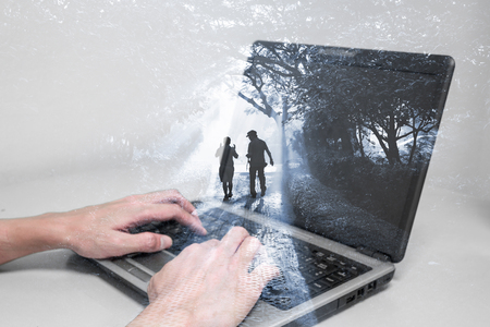 Social media technology and virtual world concept. One playing laptop computer and feeling like...