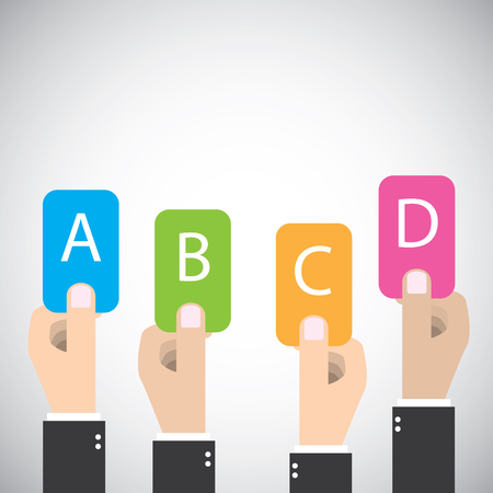 Four hands holding colorful cards with A, B, C and D lettersのイラスト素材