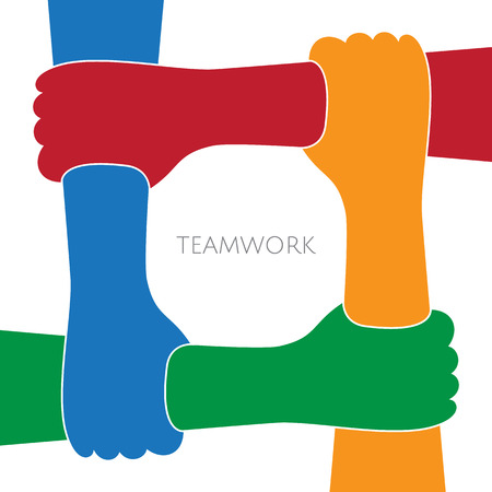 Four colorful hands holding each other on a white backgroundのイラスト素材