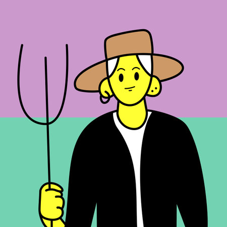 Farmer with pitchfork in hand. Vector illustration in cartoon style.のイラスト素材