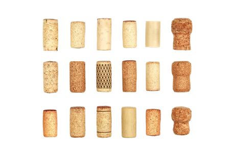 Set from the collection of many different vintage wine corks isolated on a white background. Close upの写真素材