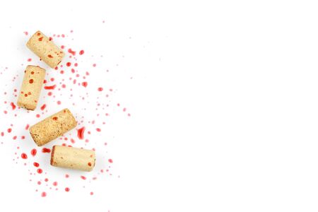 Set from the collection of four different vintage wine corks isolated on a white background with a...