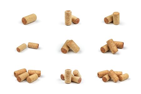 Set from the collection of many different vintage wine corks isolated on a white background. Close upの写真素材