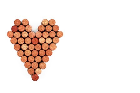 Wine corks shaped heart. Print illustration for restaurant decor. Top view with copy space white background isolatedの写真素材