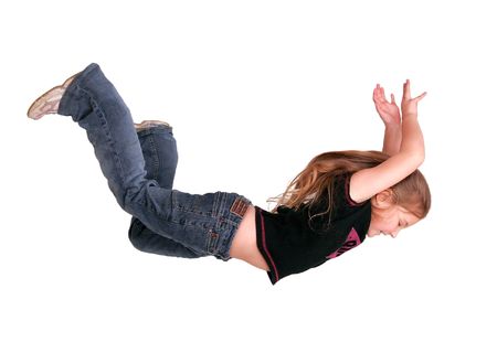 young caucasian girl falling isolated on whiteの写真素材