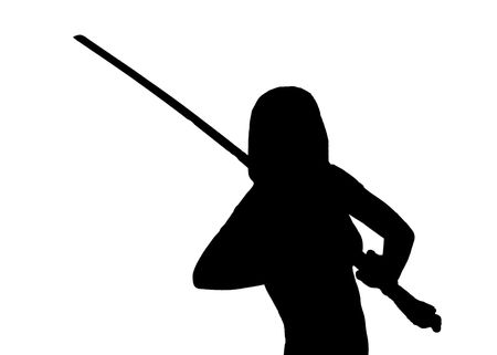 silhouette over white of a female MMA student posing with a sword over whiteの写真素材