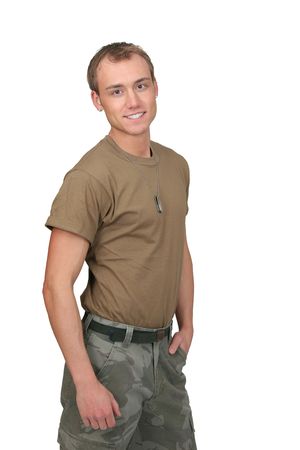 one fit attractive soldier in a brown t-shirt with dogtags half length portrait over whiteの写真素材