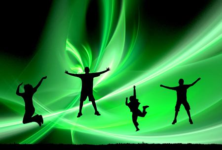 four people jumping silhouettes outdoors over land against a vibrant bright green background with wavy linesの写真素材