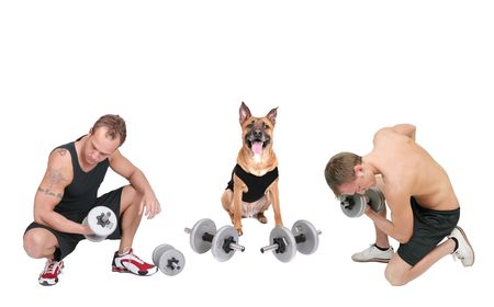 two weight lifters and a weightlifting dog all in black over a white backgroundの写真素材