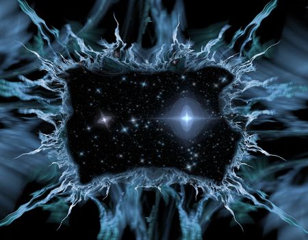 tear in the fabric of space with a hole showing a starry universe behindの写真素材