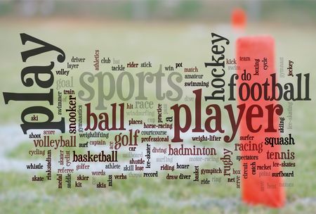 large group of related sports words with end zone line for football in the backgroundの写真素材