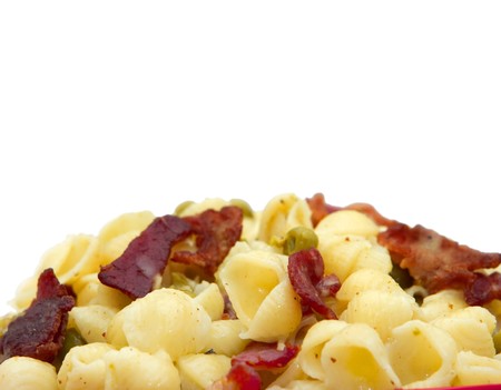 mini shell pasta with bacon and pea cream sauceの写真素材