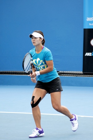 MELBOURNE, AUSTRALIA - JANUARY 21, 2012: WTA world number 4 tennis player Li Na hits on a practice court January 21, 2012 in Melbourne, Australia. Kim Clijsters defeated Na later in the day.のeditorial素材