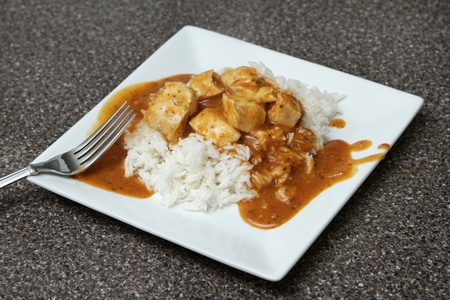 one serving of a spicy chicken tikka marsala over basmati riceの写真素材