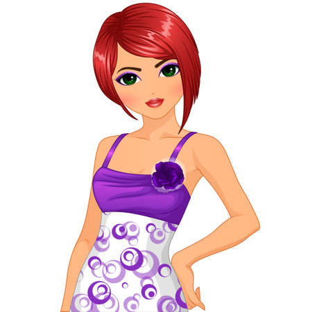 BJD Style Redhead Doll in Purple Dress. Vector Illustration Characterのイラスト素材