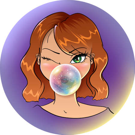 Bubble wink girl character. Vector Illustration. Redheaded semi-realistic girl with green eyes, winking and blowing multicolor gum bubbleのイラスト素材
