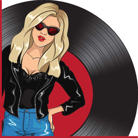 Cartoon Style Cute Rock Lady with Red Lipstick, Sunglasses and Record Background. Vector Illustrationのイラスト素材