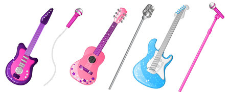Girly Guitars and Microphones Set in Fun Colors. Vector Illustrationのイラスト素材