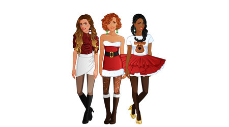 Girly Set of Female Characters Wearing Christmas Outfits. Vector Illustrationのイラスト素材