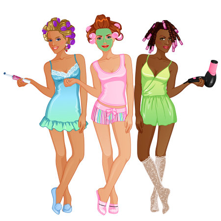 Pyjama Party Female Character Set. Vector Illustrationのイラスト素材