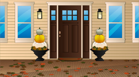 Thanksgiving Background Scene with Front Door Decorated with Pumpkins and Autumn Leaves. Vector Illustrationのイラスト素材