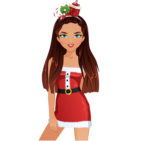 Christmas Party Female Cartoon Character in Santa Dress. Vector Illustrationのイラスト素材