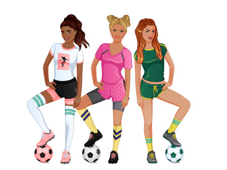 Cute Cartoon Soccer Female Characters. Vector Illustrationのイラスト素材