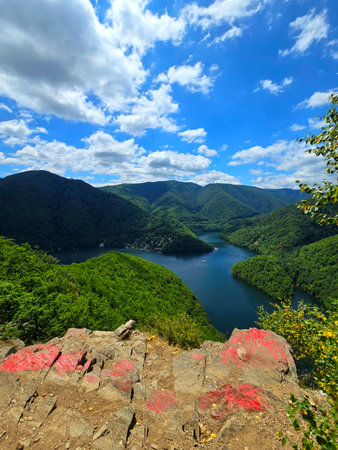 View from Piatra lui Lucaci over the Tarnita lake and forest mountains on a beautiful summer day with blue sky and white clouds. Cluj, Romaniaの写真素材
