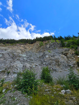 Rocky cliff with evergreen forest on top and blue sky above on the Transalpina Road in Parang...