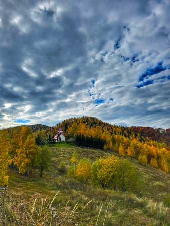 Beautiful autumn view with purple roof on top of forest mountain. Multicolored trees and green grass on a cloudy day. Muntele Rece, Cluj, Romaniaの写真素材