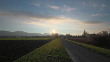 Walkway in the sunset next to big fieldの写真素材