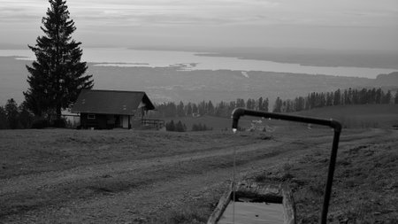 View on Lake Constance from mountain after sunset with mountain hut, fir tree and blurred fountain with bokeh effect in foreground in black and white in Dornbirn, Vorarlberg, Austriaの写真素材