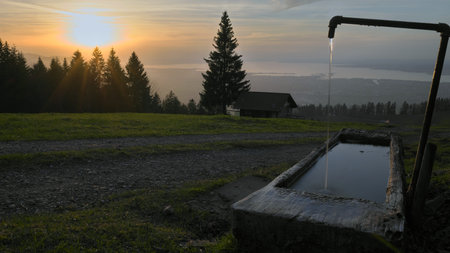 Sunset on the mountain with sun rays shining through fir trees and wooden well in front and Lake Constance in the background in Dornbirn, Vorarlberg, Austriaの写真素材