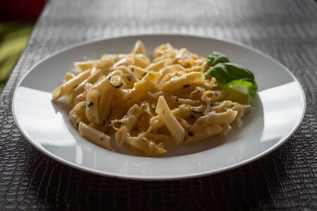 Macaroni with green pesto in a white plate