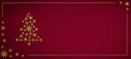 Christmas decorations with golden snowflakes shape and Christmas tree on a dark red background. Decorative background with frame and copy space.の写真素材