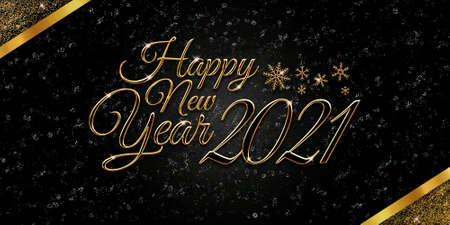 Happy new year 2021. Elegant text with golden letters and snowflakes on a black background with glitter and golden bows. Congratulatory picture.の写真素材
