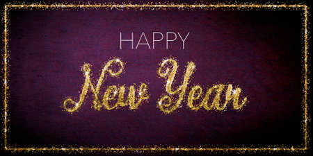 Happy new year 2021. Elegant golden glitter text on a dark pink background with golden glitter frame. Congratulatory picture.の写真素材