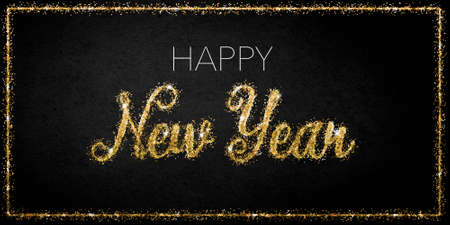 Happy new year 2021. Elegant golden glitter text on a black background with golden glitter frame. Congratulatory picture.の写真素材