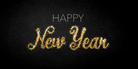 Happy new year 2021. Elegant golden glitter text on a black background. Congratulatory picture.の写真素材