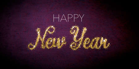 Happy new year 2021. Elegant golden glitter text on a dark pink background. Congratulatory picture.の写真素材