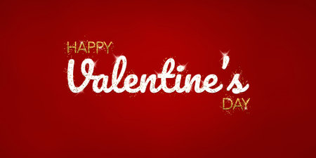 Happy Valentine's day. Text with white and golden glitter letters on a red background. Congratulations for February 14.の写真素材