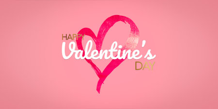 Happy Valentine's day. Text with white and golden letters and a dark pink heart on a pink background. Congratulations for February 14.の写真素材