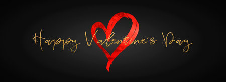 Happy Valentine's day. Text with golden glitter letters and a red heart on a black background. Congratulations for February 14.の写真素材