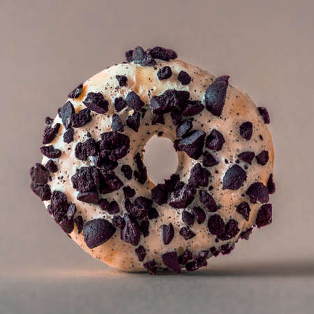 White chocolate donut with black cookies topping on gray background.の写真素材